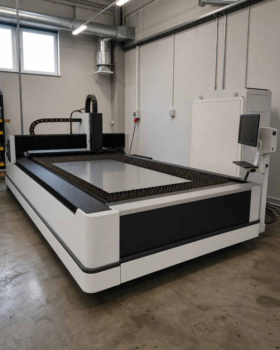 Nowa wycinarka laserowa CNC w uporządkowanym zakładzie produkcyjnym